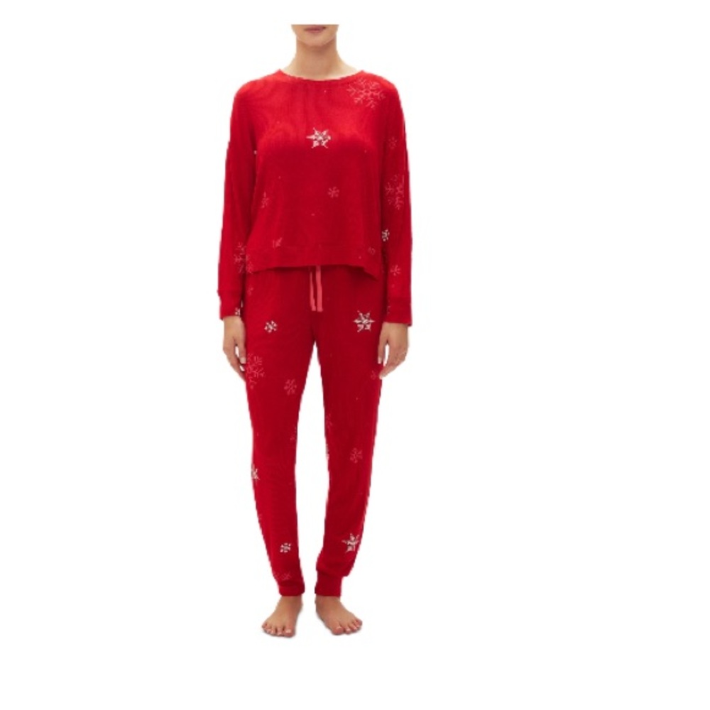 Gap GapBody Women's 2-PcLong-Sleeve Jogger Pajamas Set Red Snowflake